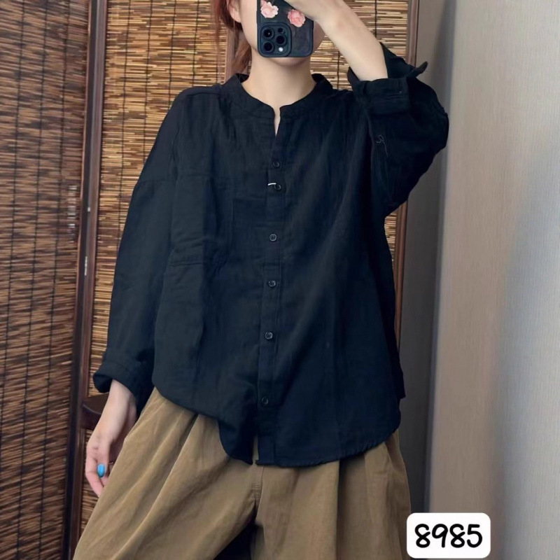 2025秋韩版宽松贴布大口袋双层纱立领衬衫百搭休闲衬衣女8985|undefined