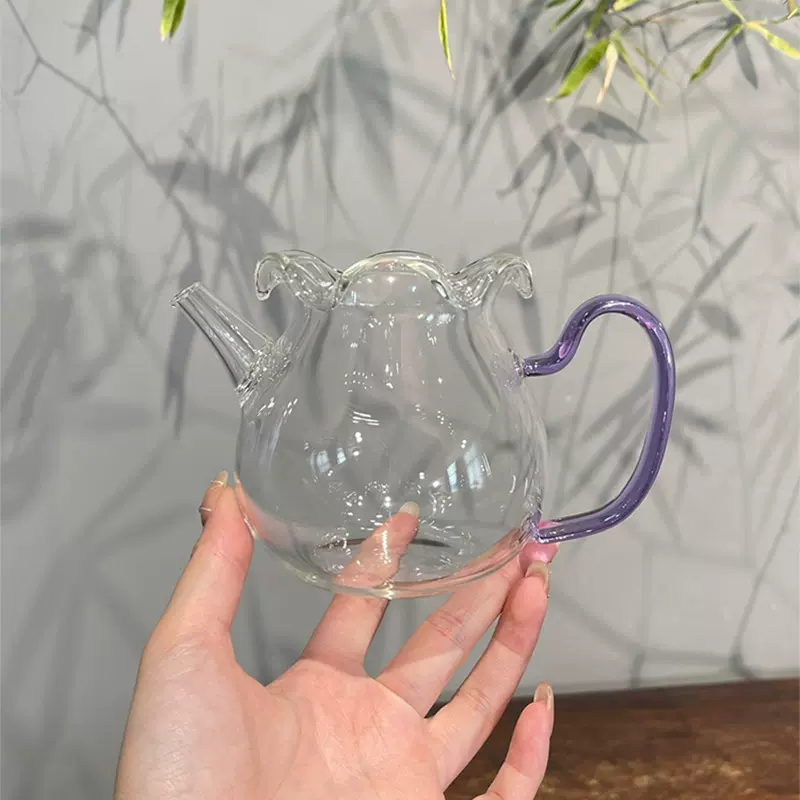 高硼硅玻璃彩把茶壶耐热泡茶器家用简约木耳边带过滤玻璃小茶壶