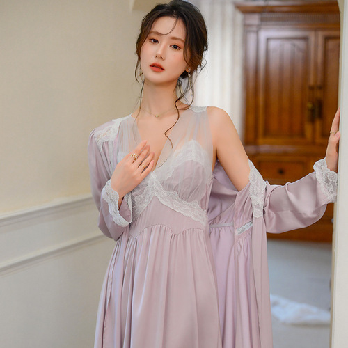 French sexy pajamas for women 2024 autumn ice silk suspender nightgown lace pure lust style home clothes can be worn outside