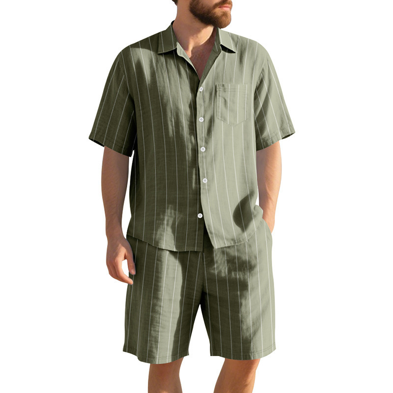 Traje de lino de verano de Amazon transfronterizo Camisa de manga corta suelta jacquard a rayas para hombre Pantalones cortos de playa de dos piezas