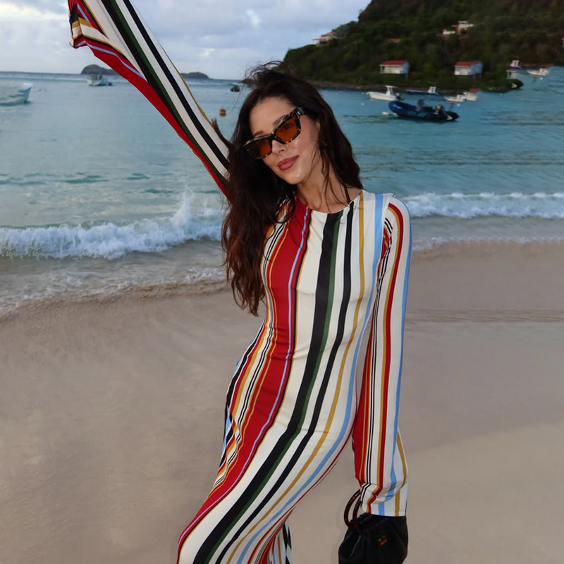 Bohemian Holiday Casual High Street Hottie Draped Long Dress Slim Fit Curve-Enhancing Printed Striped Figure-Flattering Dress
