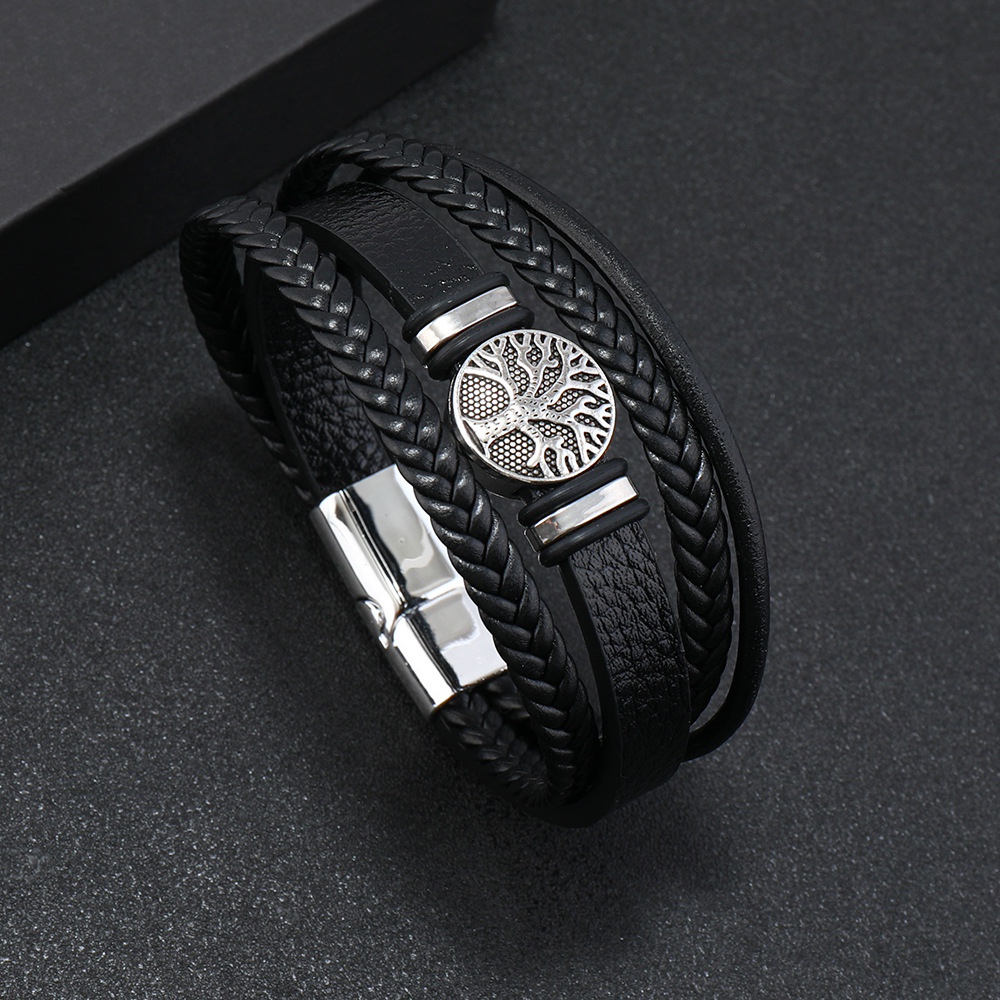 Pletena kožna narukvica, modna punk stil, višeslojna muška narukvica, modni trend, narukvica s osobnošću drva života_voghion.com