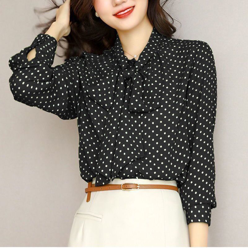 2024 Spring and Autumn New Women's Green Polka Dot Shirt with Tie Collar, Long Sleeve, Single-Breasted Cardigan, Thin Top