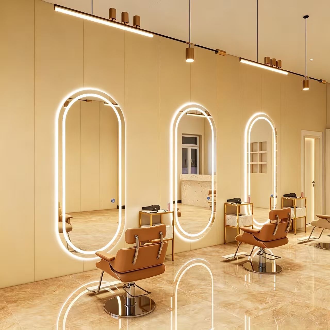 Fábrica mayorista de peluquería espejo con lámpara de peluquería espejo tabla de cabello especial tipo pared unilateral cortador de cabello espejo de permación