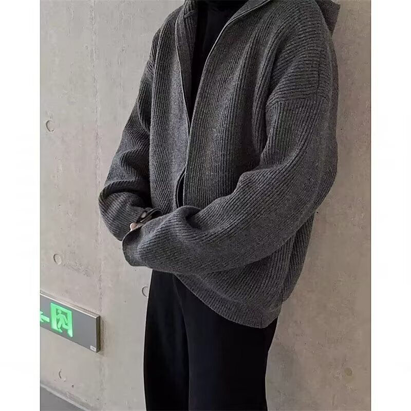 Gray hooded zip-up sweater for men, autumn and winter cleanfit casual retro knitwear