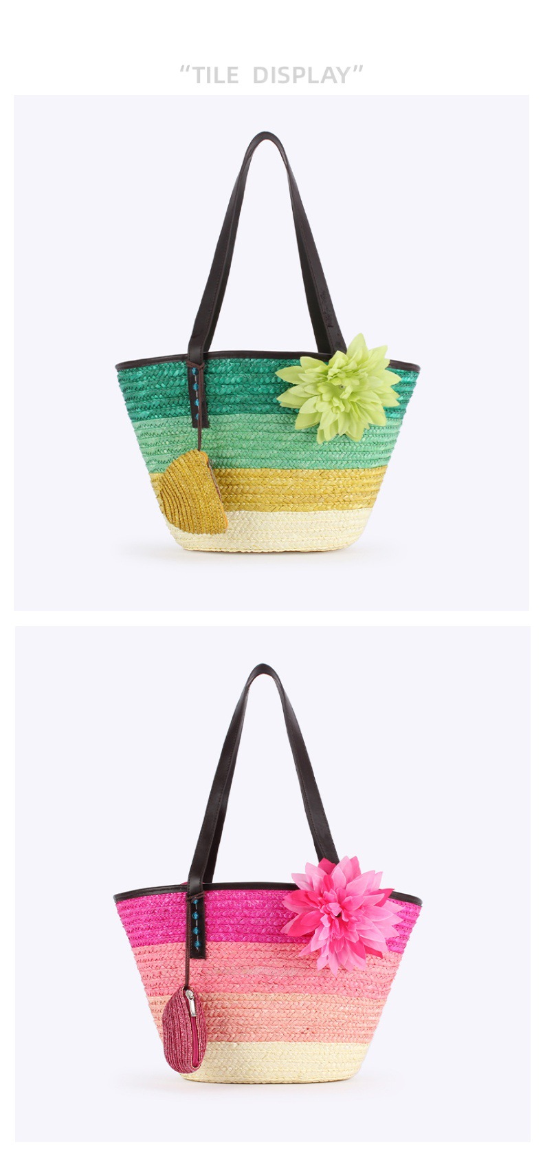beach bag Bags Type Casual, Travel Occasion Straw Material Color Block Pattern All Seasons Season Women's Large Straw Color Block Vacation Beach Weave Bucket Zipper Beach Bag