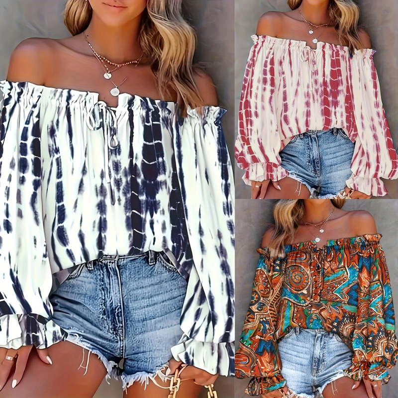 2025 Spring and Summer Cross-Border Plus Size Women's New Lace Splicing Off-Shoulder Printed Tops Popular Lace-Up Petal Sleeves