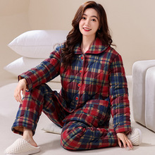 睡衣女生冬季针织棉加厚三层夹棉保暖保暖开衫格子休闲家居服套装