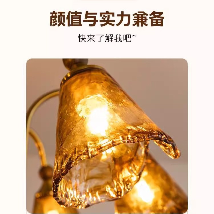 Araña de sala de estar medieval francesa nuevo estilo Maillard retro madera maciza dormitorio principal comedor lámpara de vidrio Zhongshan