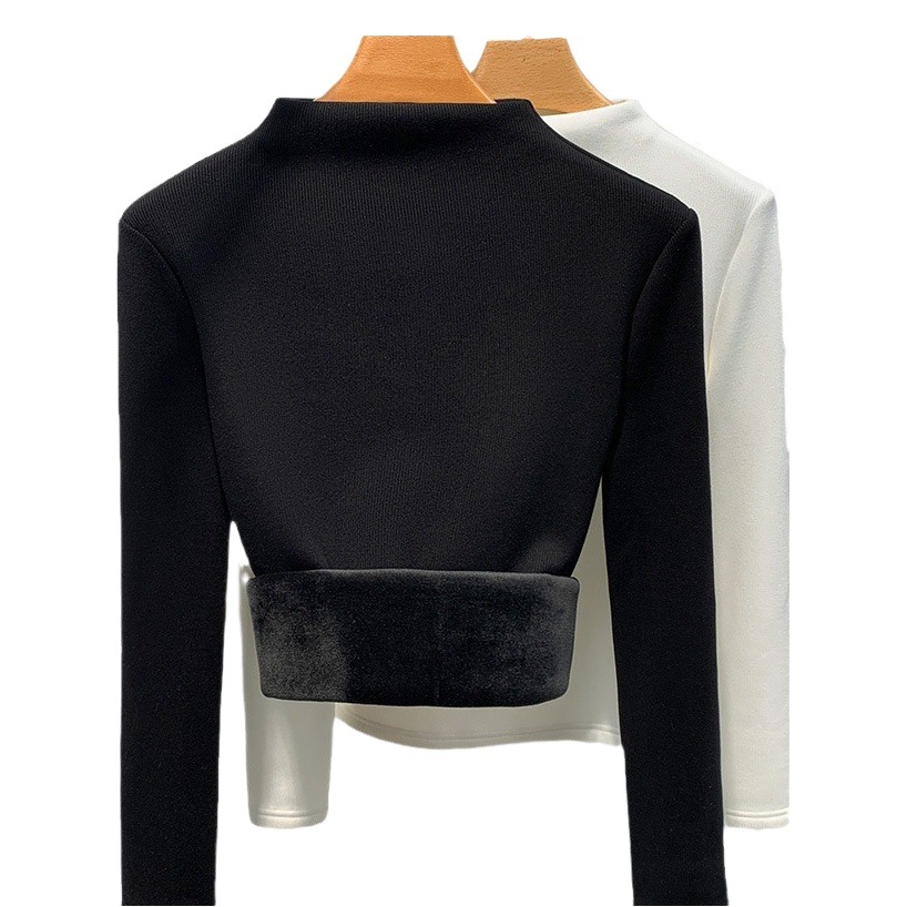 Camiseta de cuello medio alto para mujer, novedad de 2024, ropa de mujer, color sólido, acanalada, con forro polar integrado, capa interior cálida, top grueso con forro polar