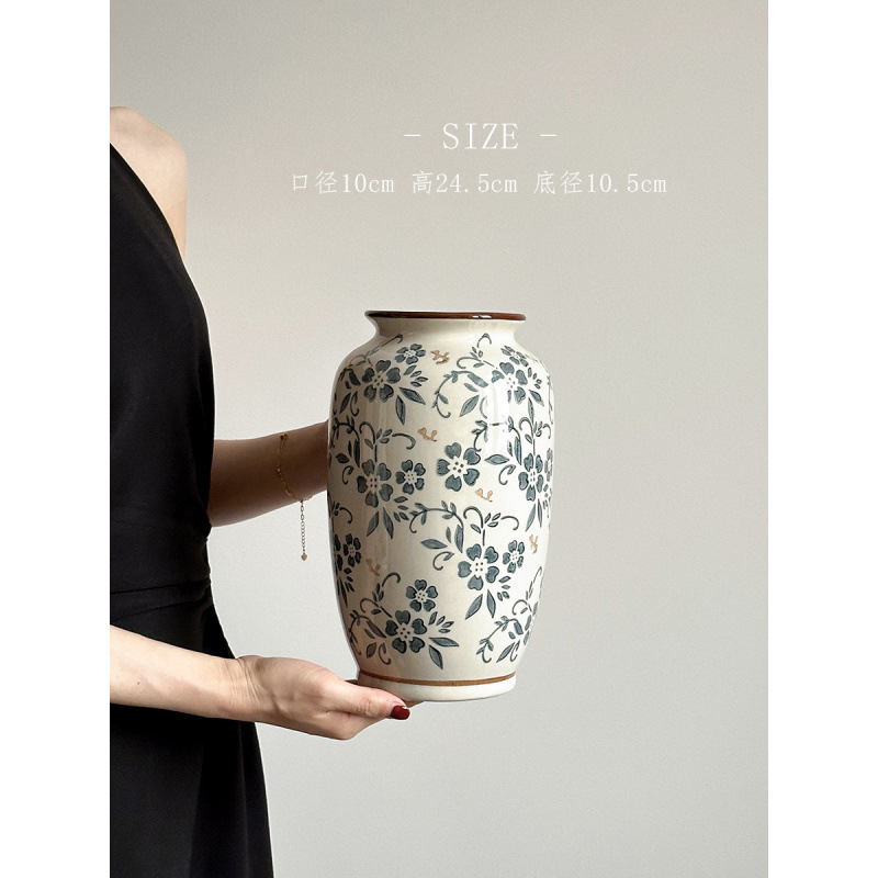 Nuevo jarrón de cerámica azul china nueva decoración de estilo chino sala de estar floral decoración de vestíbulo de estilo antiguo peonía floral