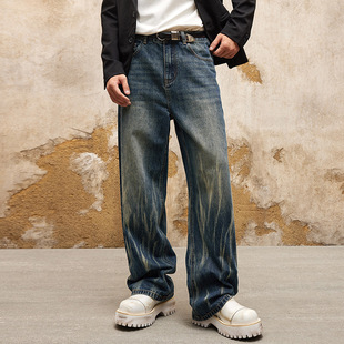 2024 Autumn and Winter New Lightning Pattern Washed Jeans Trendy Brand Loose Straight Slimming American Style High Street Vibe Trousers