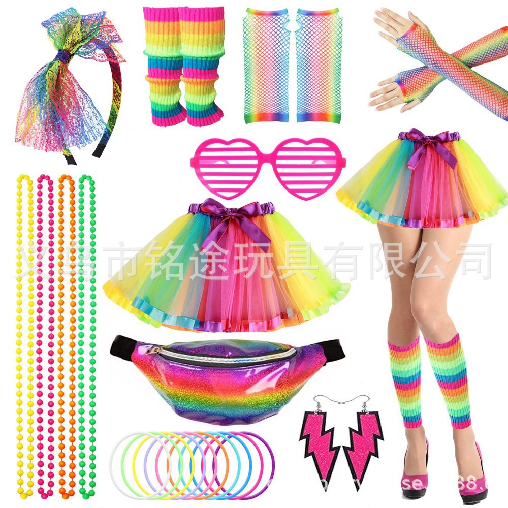 1980s fiesta de baile fiesta fiesta de color neón diadema diadema aretes red de pesca guantes piernas conjunto cálido conjunto de falda tutu
