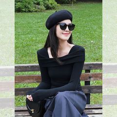 2024 Early Autumn Knitwear Top Korean Style Casual Blouse Black Square Collar One-Shoulder Base Shirt for Women Spring and Autumn Outfit