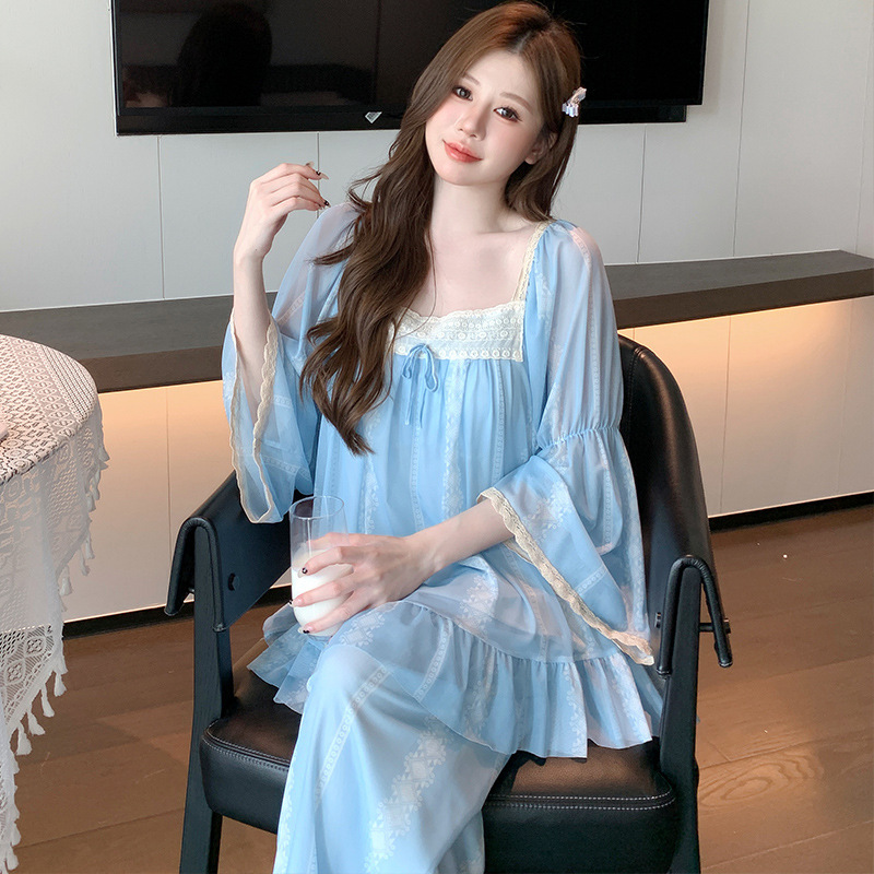 凌蕾春秋新款纯色方领蕾丝花边甜美宽松公主风网纱睡衣套装家居服|undefined