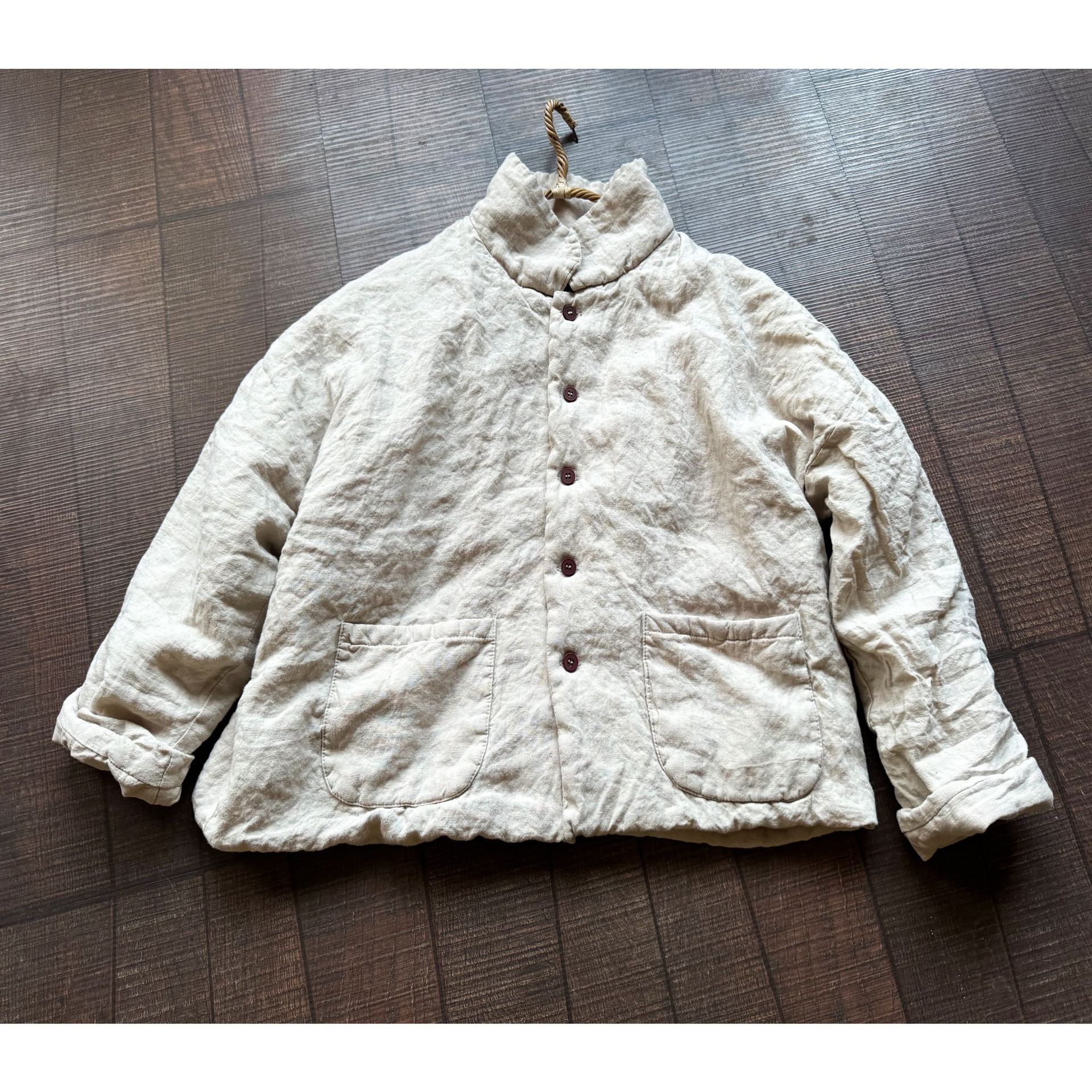 4389高品質砂洗亜麻女装綿服文芸レトロゆるい亜麻綿服の中の長さは綿の上着を挟んでいる