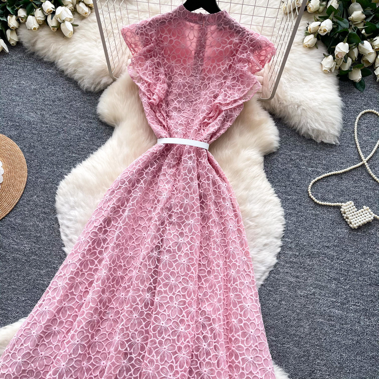 Elegant Lace A-Line Sundress For Women, High Waist Sleeveless Summer Maxi Dress_ecoleips.com