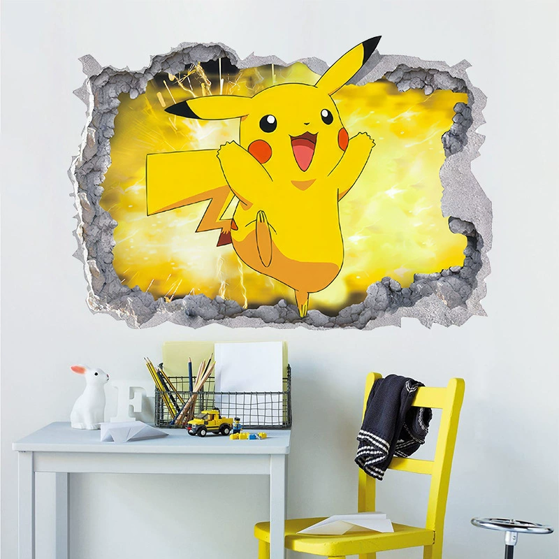 Наклейки на стену с 3D-мультяшными персонажами для детской комнаты, граффити, Пикачу, самоклеящиеся, для дверей и шкафов, ПВХ
