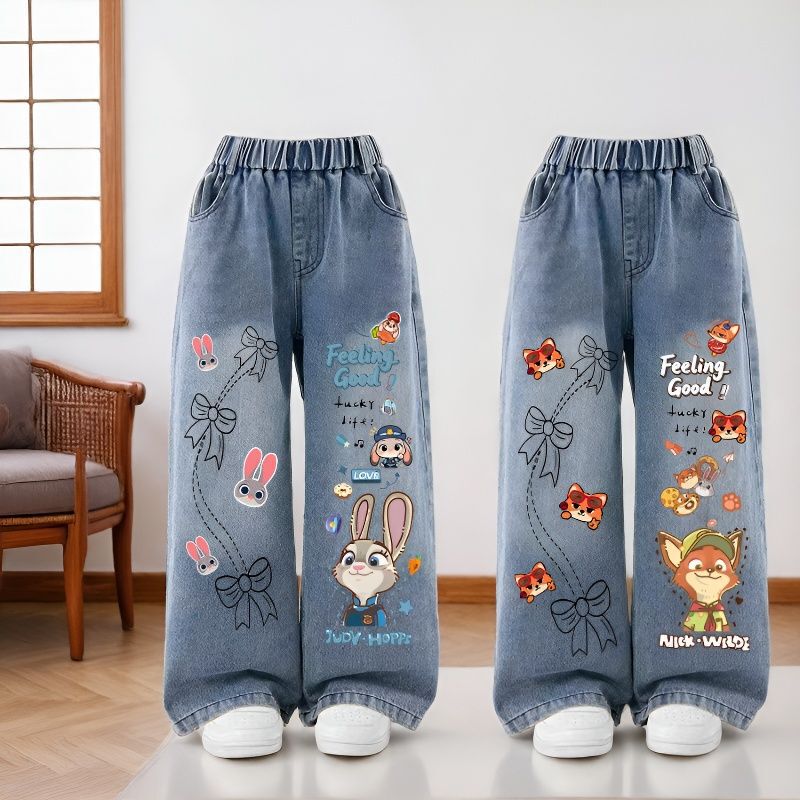 New Zootopia Judy Nick Jeans with Fleece Lining, Autumn and Winter Style, Straight Wide-Leg Pants for Girls, Trendy for Older Children New Zootopia Judy Nick Jeans with Fleece Lining, Autumn and Winter Style, Straight Wide-Leg Pants for Girls, Trendy for Older Children