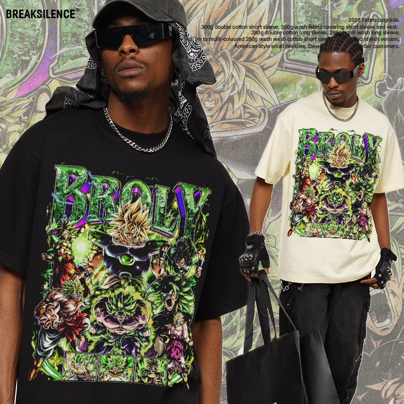 2025 Cross-border Dragon Ball Animation American Fashion Brand All Cotton Short-sleeved Men's T-shirt Direct Injection Printing Fried Snowflake T-shirt for Couples