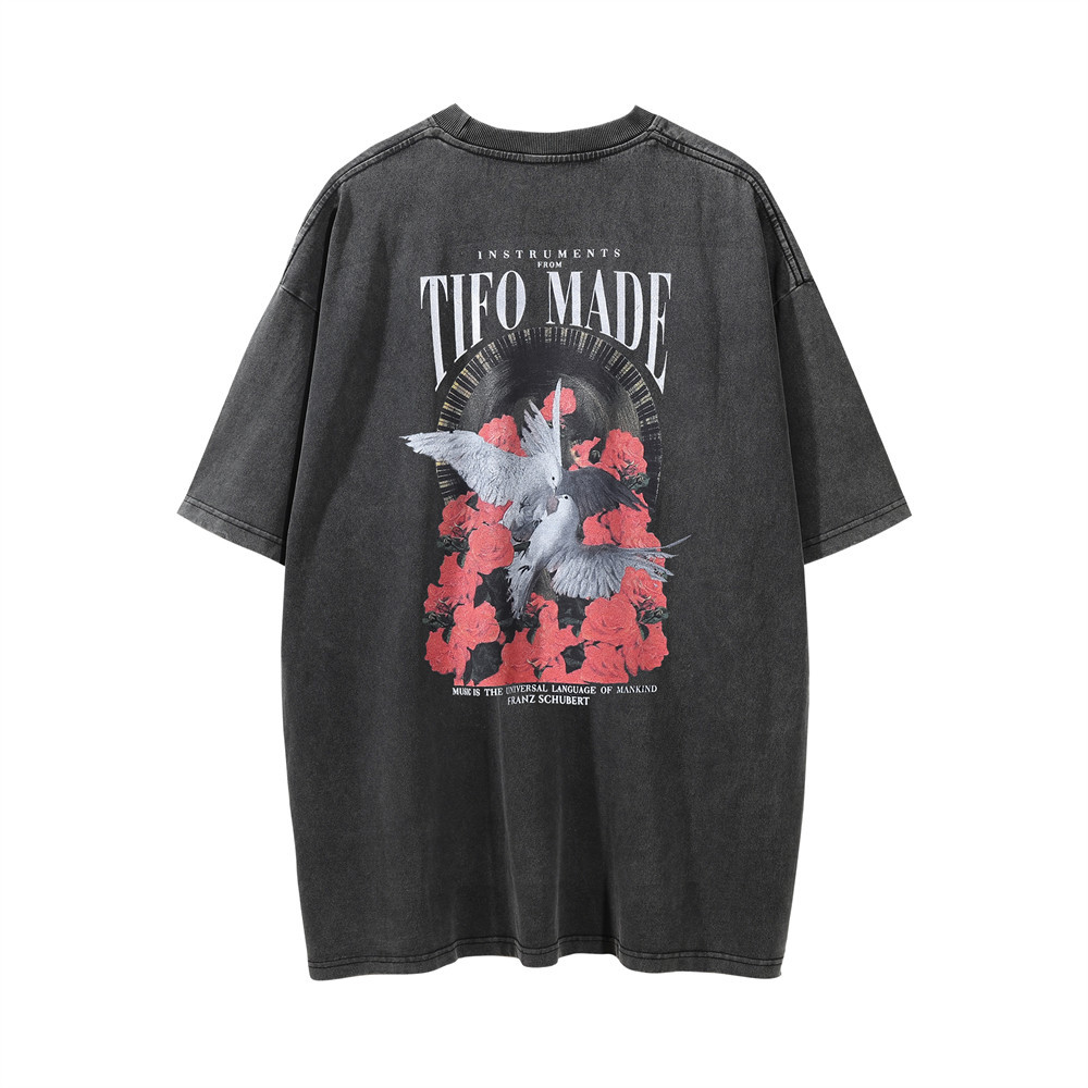 Peace Dove Flower Print Short-sleeved T-shirt Men's High Street Casual Three-quarter Sleeve T-shirt Top Spring And Summer