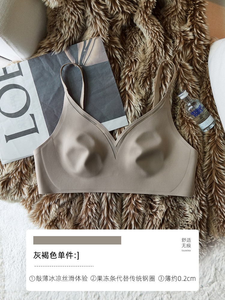 9003 Copas fijas redondas pequeñas en V profundas sexy, sujetador anticonvexo, ropa interior brillante que no deja marcas, sujetador de senos liflado