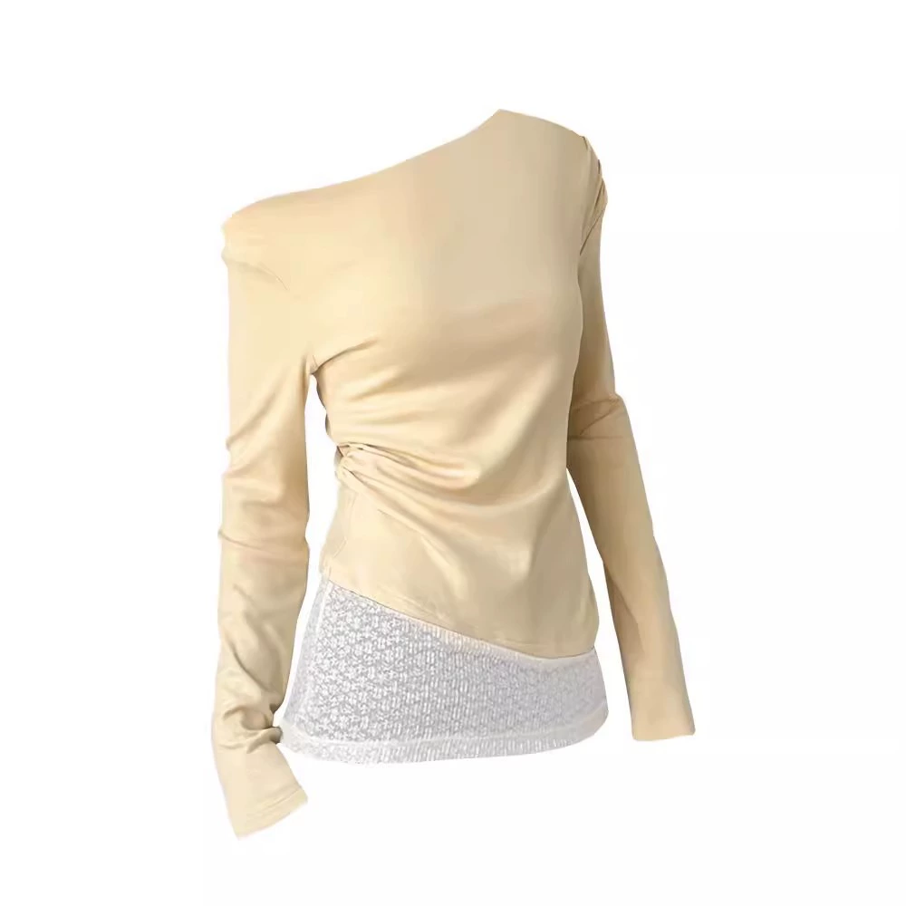 Трансграничная внешняя торговля человеческая хлопчатобумажная 260 г нижняя рубашка женская весна и осень поддельные две части с диагональным воротником тонкий короткий топ футболка с длинными рукавами