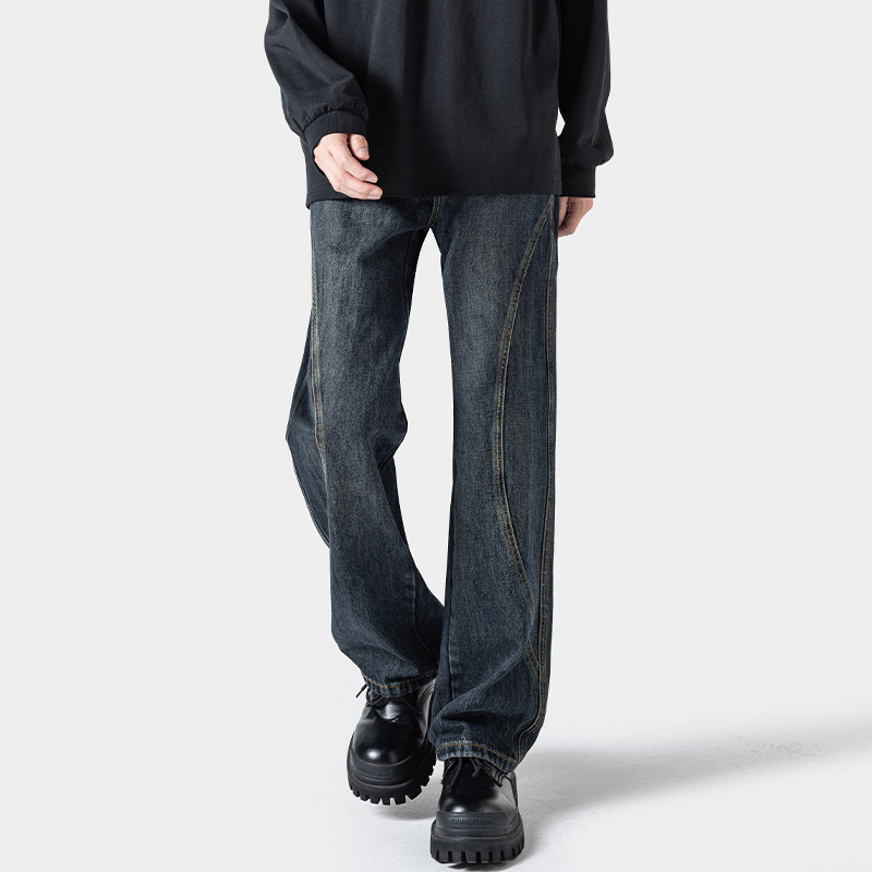 American Retro Patchwork Jeans For Men, Spring Trendy Vibe Loose Wide-leg Casual Pants, Stylish Straight-leg Trousers_voghion.com