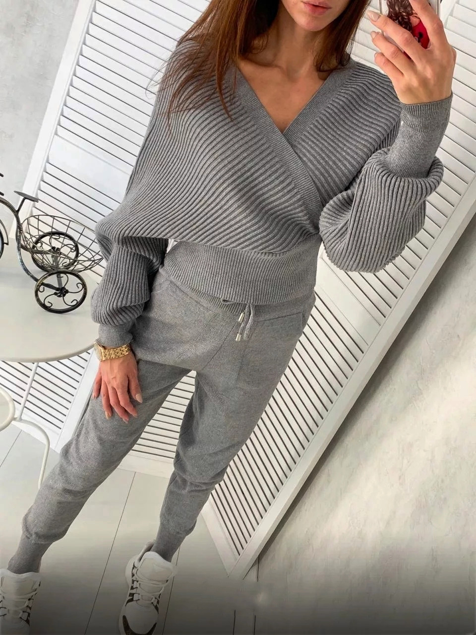 backless knitted V-neck top and trousers two-piece lounge set nihaostyles clothing wholesale NSJXW105077