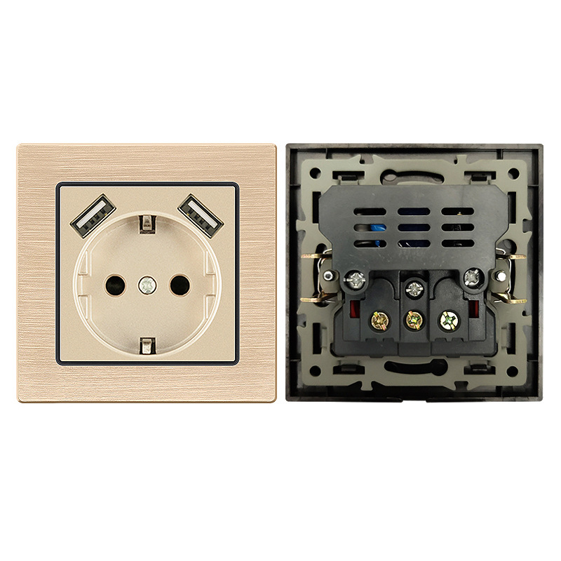 跨境外贸82型铝拉丝墙壁欧式开关插座16A德标法式俄国A+C充电插座