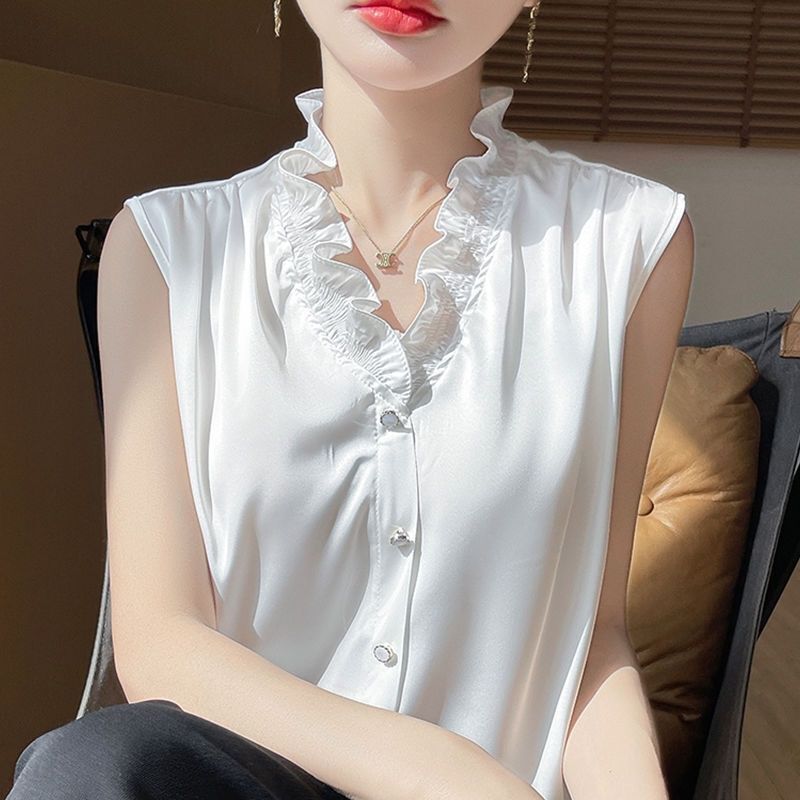 法式无袖衬衫女木耳打底2025夏季新款内搭职业荷叶高级感上衣背心|undefined