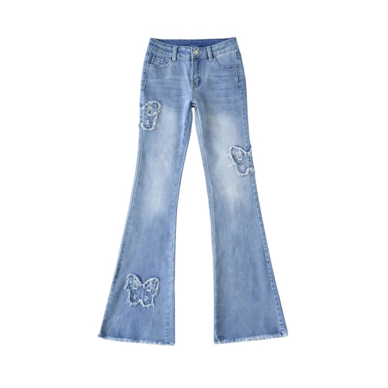 2025 New Low-Waist Denim Micro-Flared Pants for Women with Bow-Knot Raw Edge Jacquard Slim-Fitting Hot Girl Pants