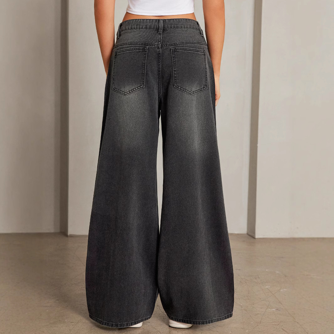 Calça jeans feminina casual de perna reta, confortável e folgada, com strass, estilo europeu-americano, moderna, brilhante e versátil._voghion.com
