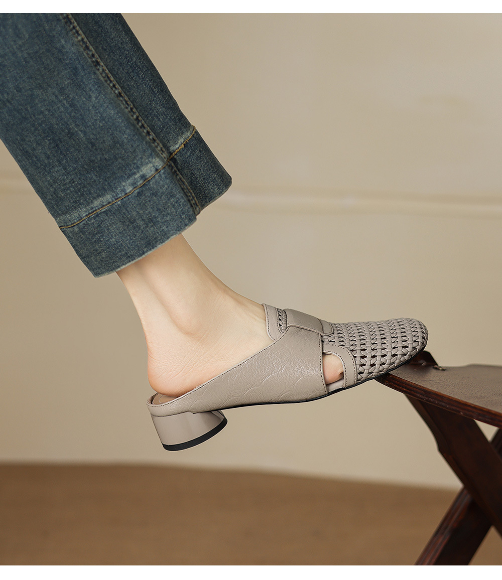 Sandal nữ quai chữ V mũi kín phong cách vintage gót thấp — đen chi tiết 14