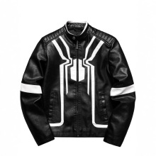男士机车PU皮衣欧美刺绣撞色外套 黑白拼色夹克青年休闲工装外套