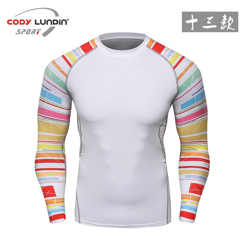 New moisture-absorbent and breathable printed tights long-sleeved compression running T-shirt men's fitness wear A038
