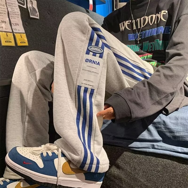 Trendy Brand Striped Casual Pants Men's Spring and Autumn Wide Leg Straight Pants Hong Kong Style plus size Loose Sports Pants for Students