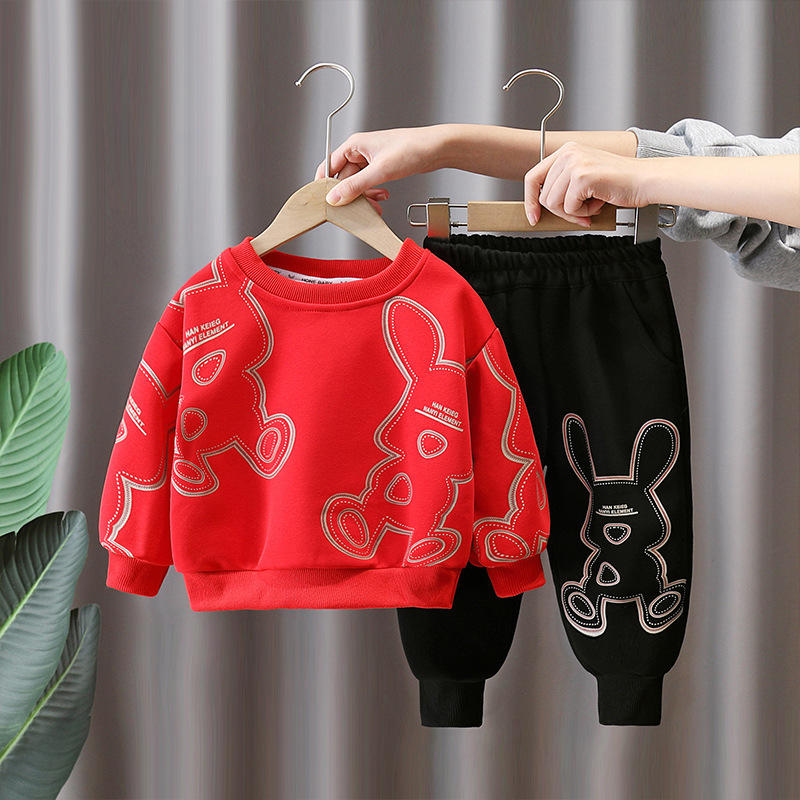 7767 traje de suéter rojo para niños 2025 nuevo estilo primavera y otoño casual de dos piezas ropa de primavera de moda para niños