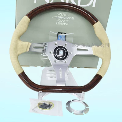 Cross-Border Hot-Selling Nd Retro Mahogany Steering Wheel Modification 14inch D-Type Leather Steering Wheel with Universal Hole Spacing of 74mm (Steering wheel) - yellow