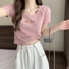 アイスシルク糸Tシャツ新しい甘辛スタイルスリムフィットショートトップ右肩半袖Tシャツレディースイントレンドクロスボーダー