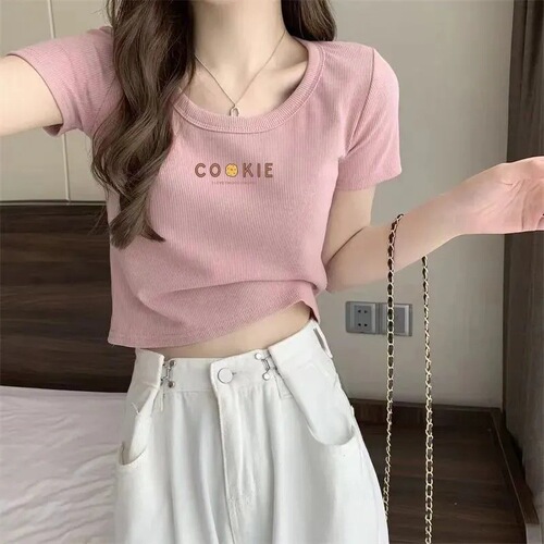 Ice Silk Ribbed T-Shirt: New Sweet & Spicy Style, Slim-Fit Cropped Top for Petite Figures, Casual Off-Shoulder Short-Sleeve Tee—Instagram Trending
