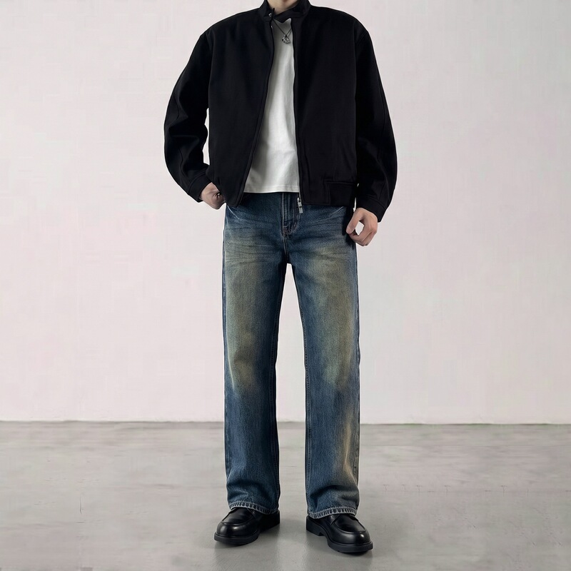 Old Money Style Autumn Heavy Craftsmanship Vintage Fashion Distressed Washed Embroidered Loose Straight Slightly Stretchy Men's Jeans
