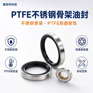 PTFE不锈钢骨架油封双唇旋转唇封结构无油自润滑液压四氟密封垫圈
