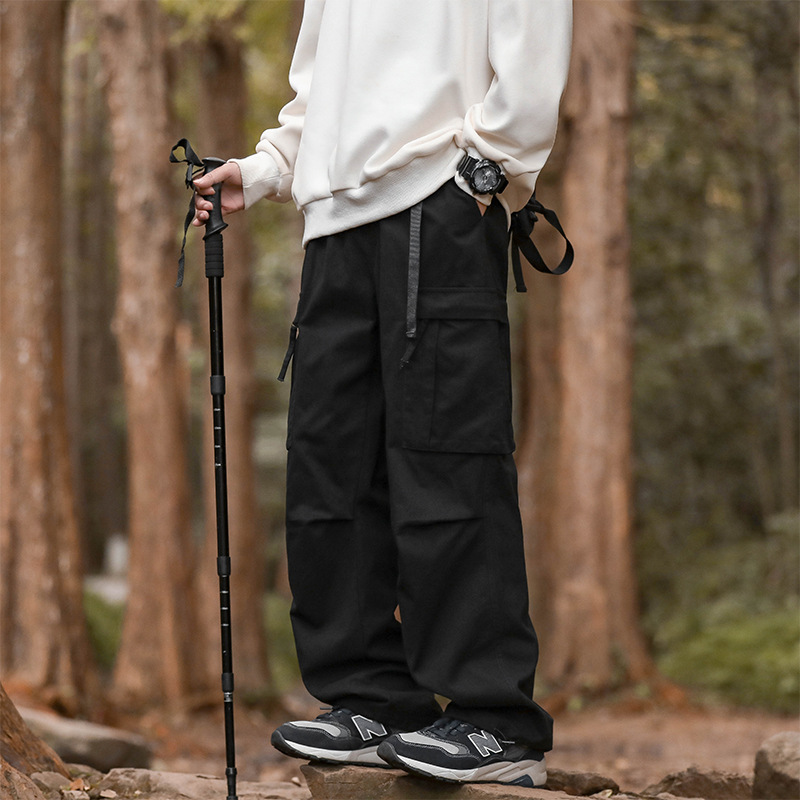 Men's New American-Style Functional Cargo Pants Autumn Loose Straight Pure Cotton Multi-Pocket Black Casual Long Pants