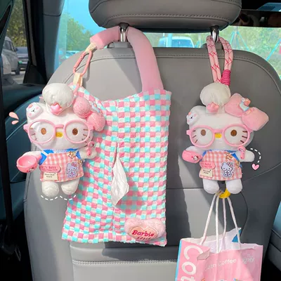 Car tissue box hook 2-in-1 cute cartoon cat storage hanging bag car seat back decoration tissue bag (Car tissue box/set) - pink-apron-cattissue-holder-hook