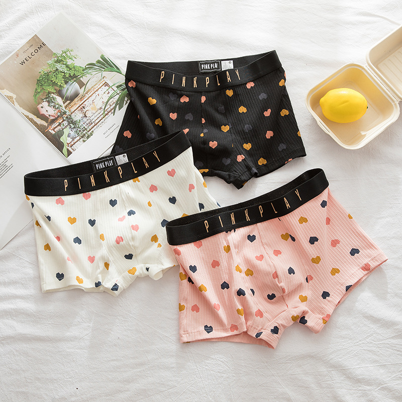 New Couple Love Men's Zhongshan Underwear Boxer Mid-Waist Breathable Cotton Cute Style Cartoon Peach Heart Style