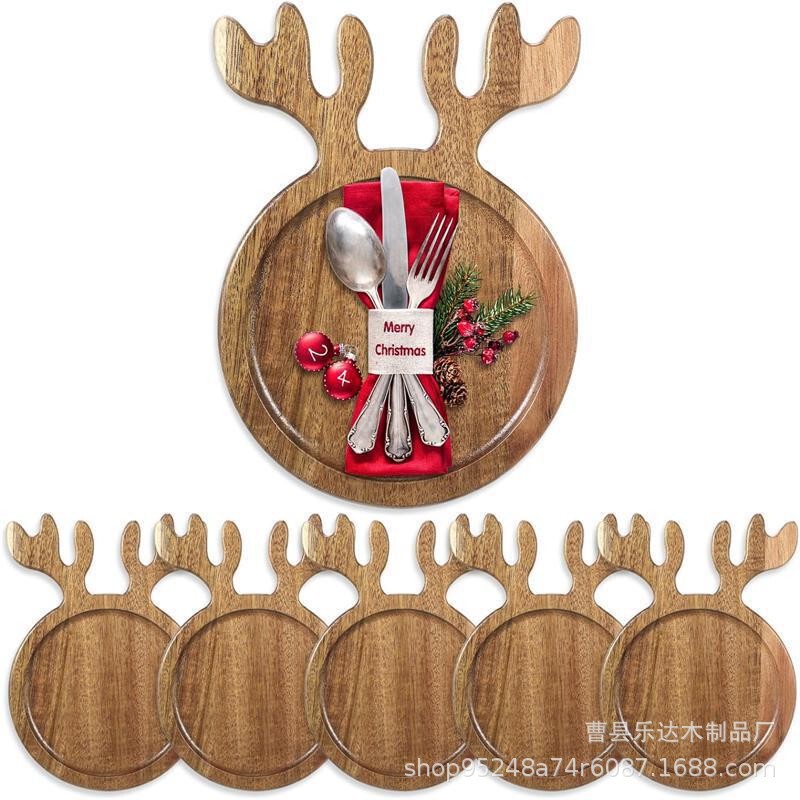 Cross-Border Cartoon Wooden Reindeer Dinner Plate Christmas Decoration Fruit Snack Cake Plate Desktop Milk Bread Tea Tray