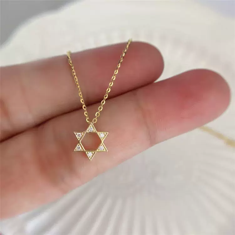 S925纯银六芒星项链女镂空镀14k金色镶钻吊坠六角星新款wish热卖