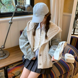 跨境连帽麻花毛衣外套女秋冬新款拼接牛仔宽松针织开衫韩系慵懒风
