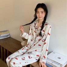 红kt睡衣女新款春夏薄款长袖条纹可爱甜美仙女家居服套装2025新款